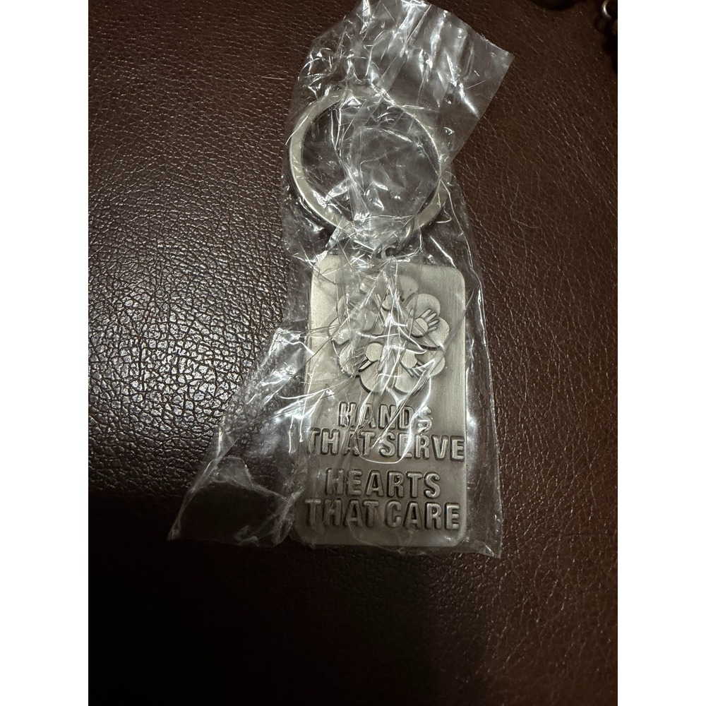 Hands That Serve Hearts That Care Silver Tone Metal Rectangle Floral Keychain
